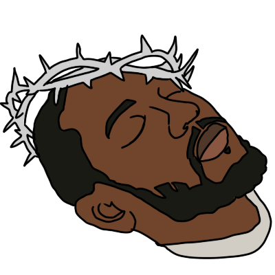 Kendrick Lamar, shown as a head and neck with closed eyes, leaning backwards, a silver crown of thorns balanced on his brow. He is a Black man with a beard, shown with a white t-shirt and short hair.